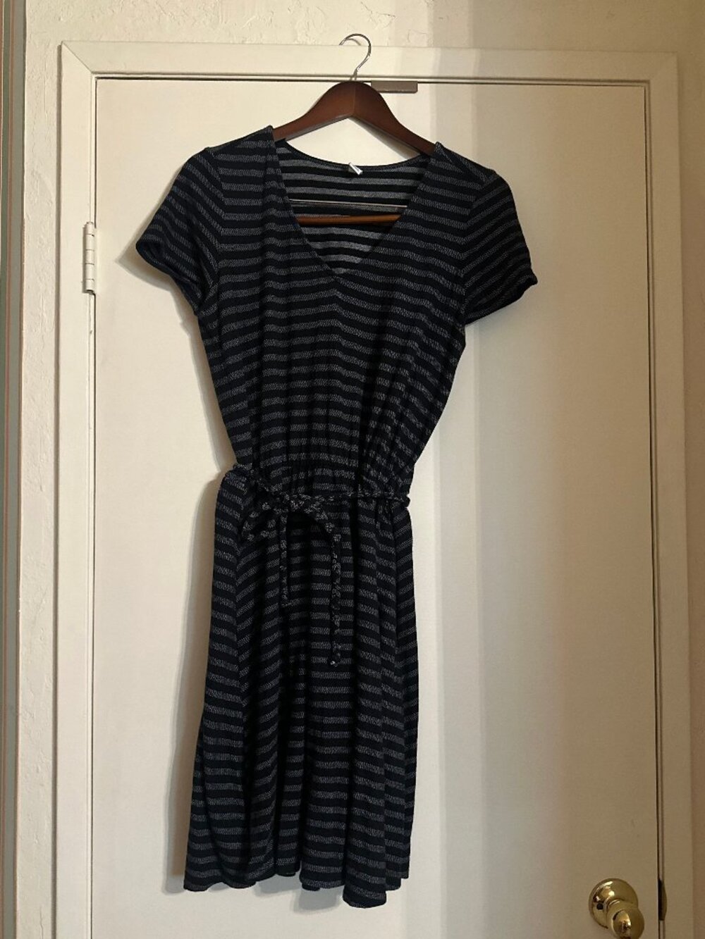 Old Navy black and white striped dress with tie, size small